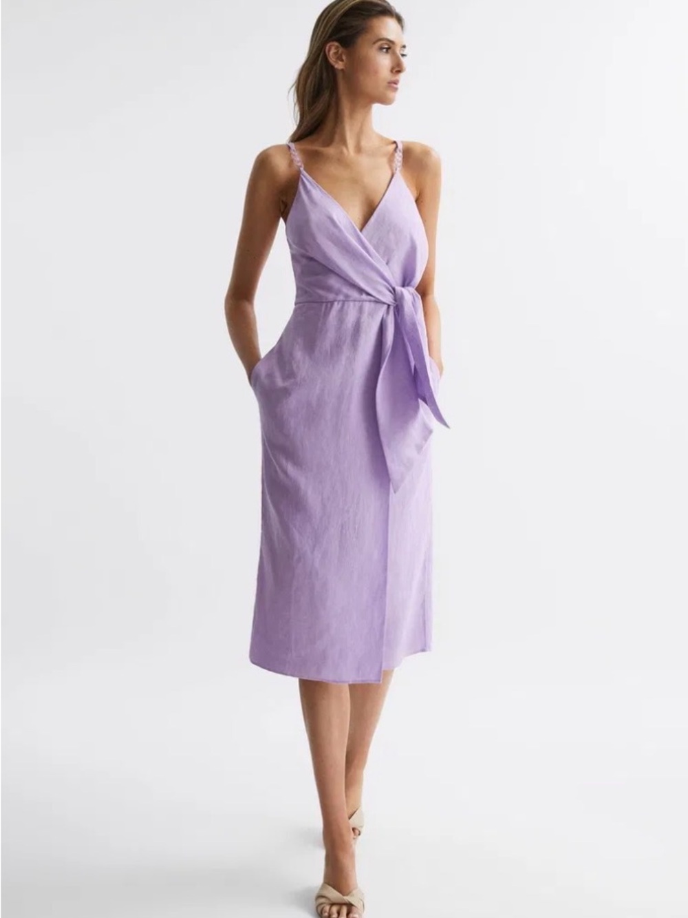 Reiss Lilac Wrap Midi Dress with Waist Tie
